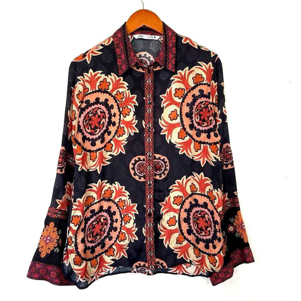 Zara Womens Boho Paisley Floral Embroidered Shirt Size S Retro Eclectic‎ Artsy